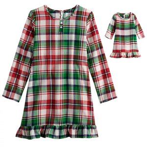 NWT 2 piece plaid Christmas holiday nightgown pajamas and doll dress 2T